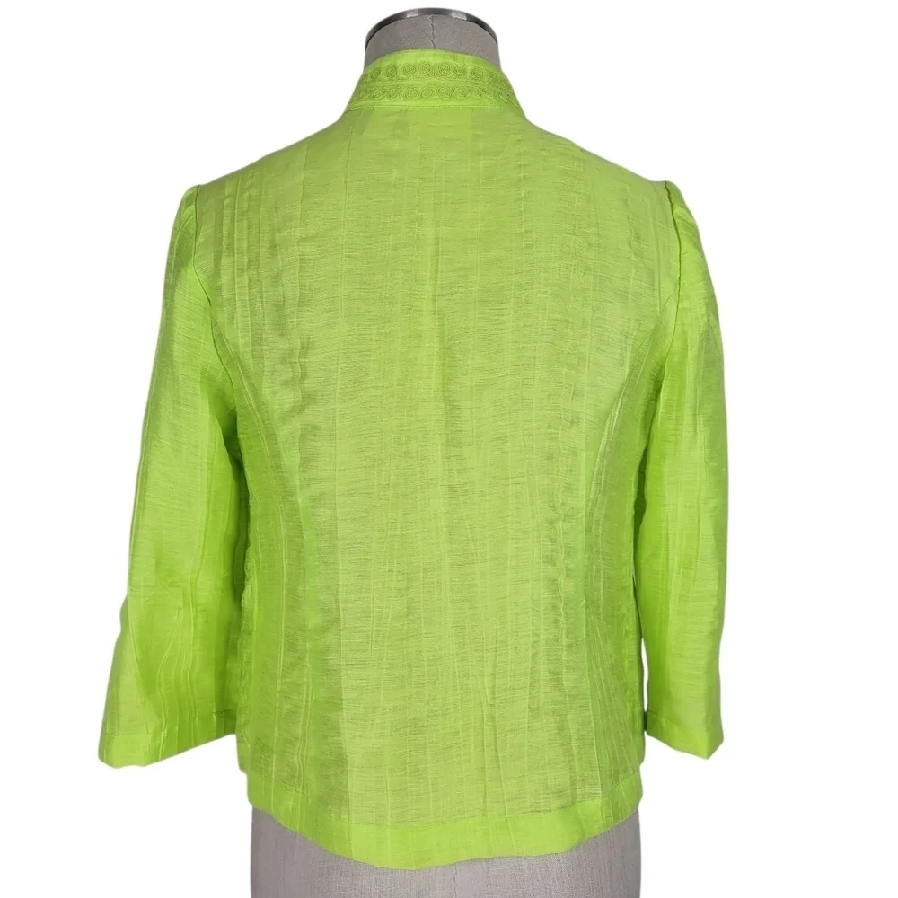 Chicos Blazer Size 0 S 4 Neon Green Open Front Embroidered Pockets Linen Blend